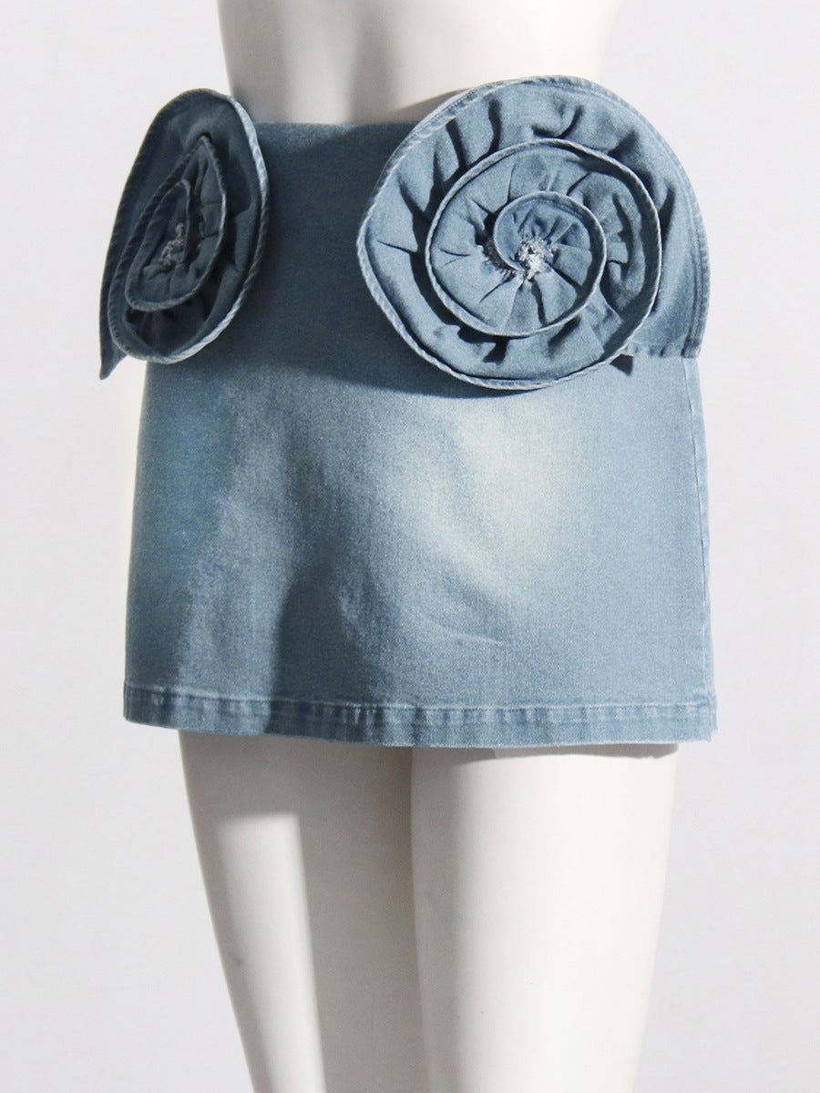 3D Rose Appliqué High Waist Denim Mini Skirt – Women's - Skirts by Zen Clothing - Image 3