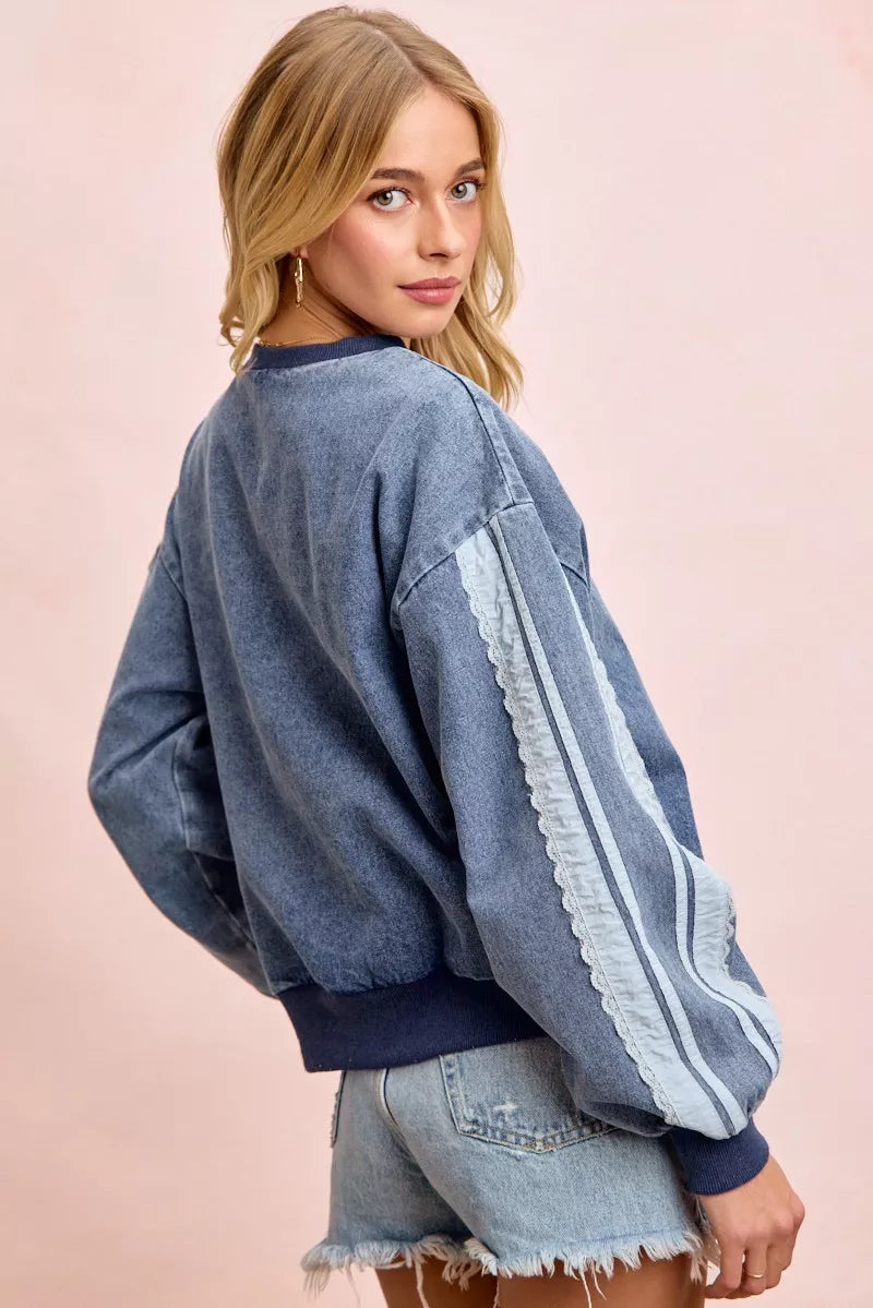 BiBi Washed Denim Lace Contrast Sided Sweatshirt by Trendsi - Image 11