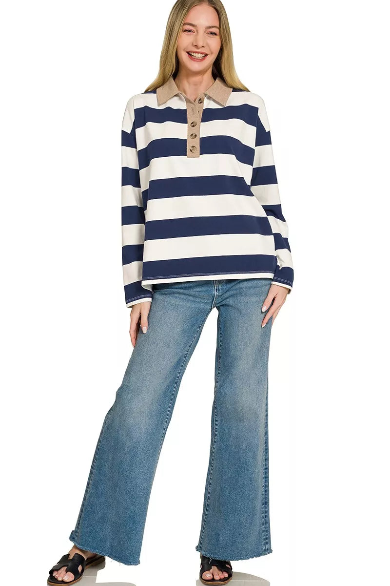 Zenana Striped Contrast Collar Polo Tee by Trendsi - Image 4