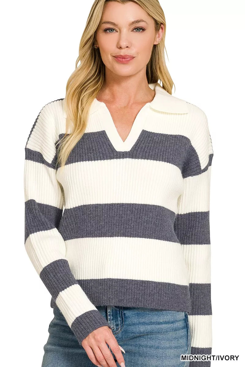 Zenana Striped Collared Sweater by Trendsi - Image 1