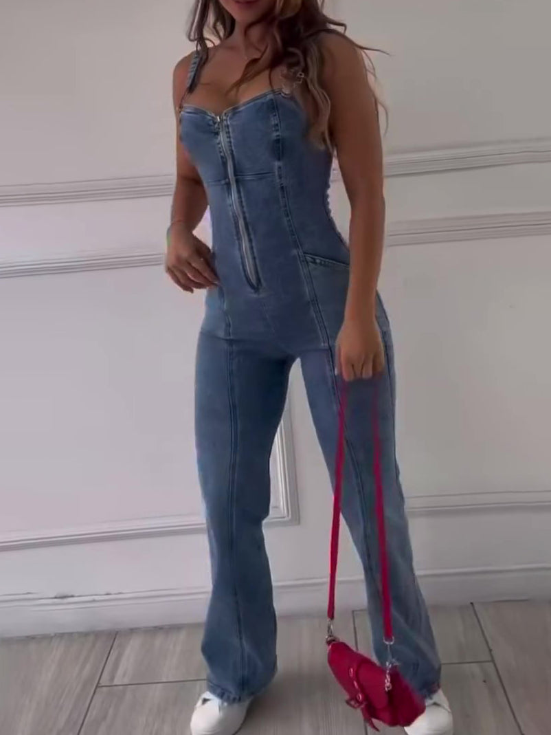 Women's Sleeveless Paneled Zipper Denim Jumpsuit - Jumpsuit by Zen Clothing - Image 5