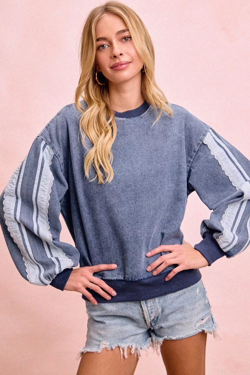 BiBi Washed Denim Lace Contrast Sided Sweatshirt by Trendsi - Image 4