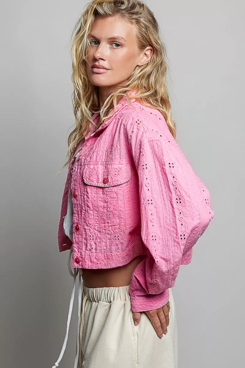 POL Eyelet Textured Cotton Cropped Button-Front Jacket by Trendsi - Image 2