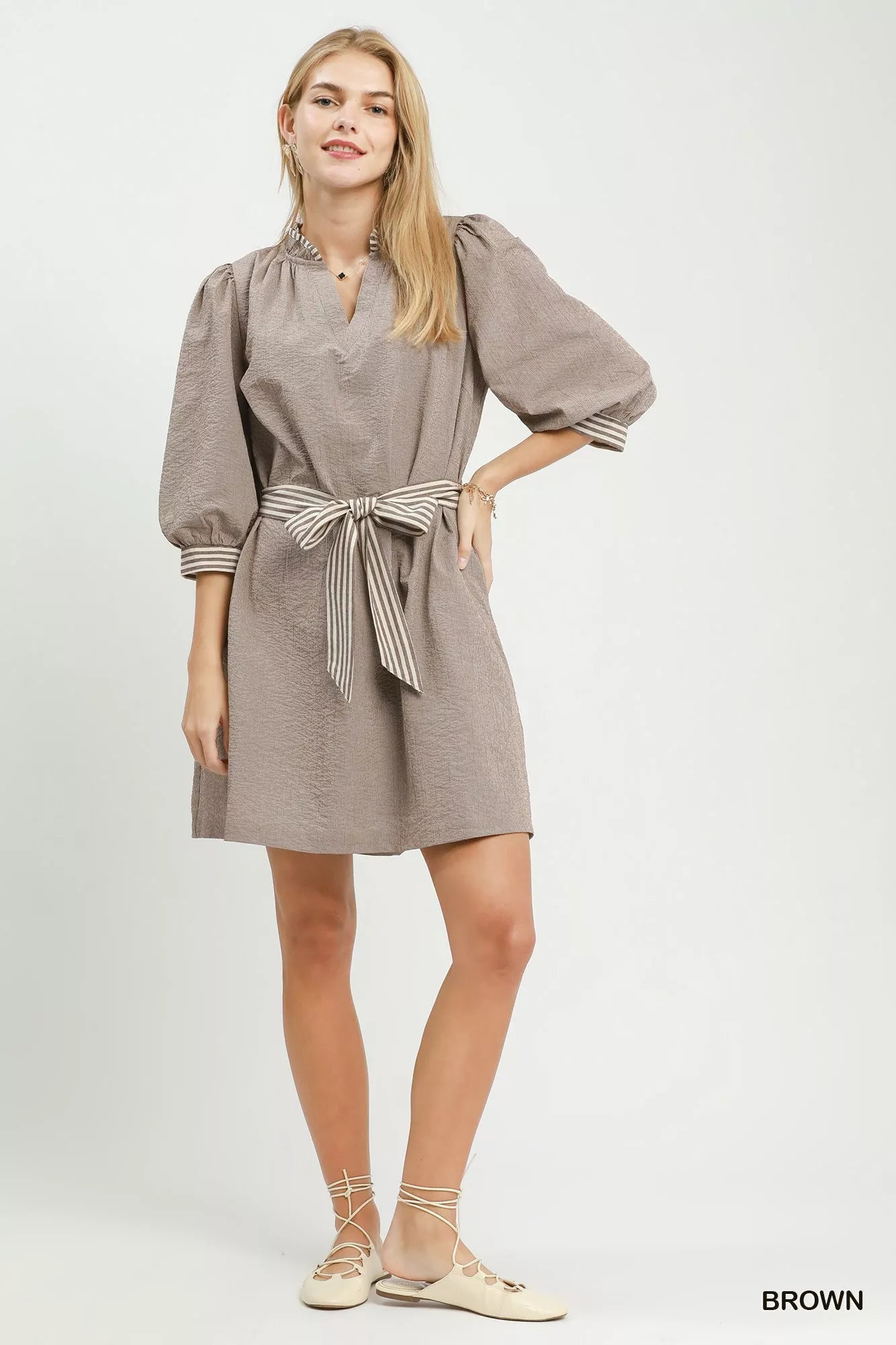 Umgee Textured Contrast Trim Tie Waist Mini Dress by Trendsi - Image 4