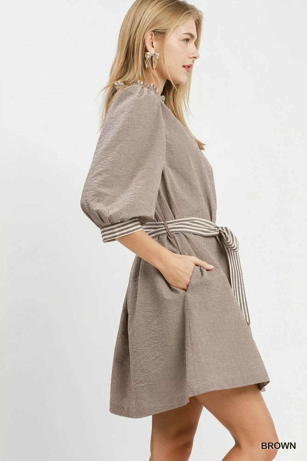 Umgee Textured Contrast Trim Tie Waist Mini Dress by Trendsi - Image 2