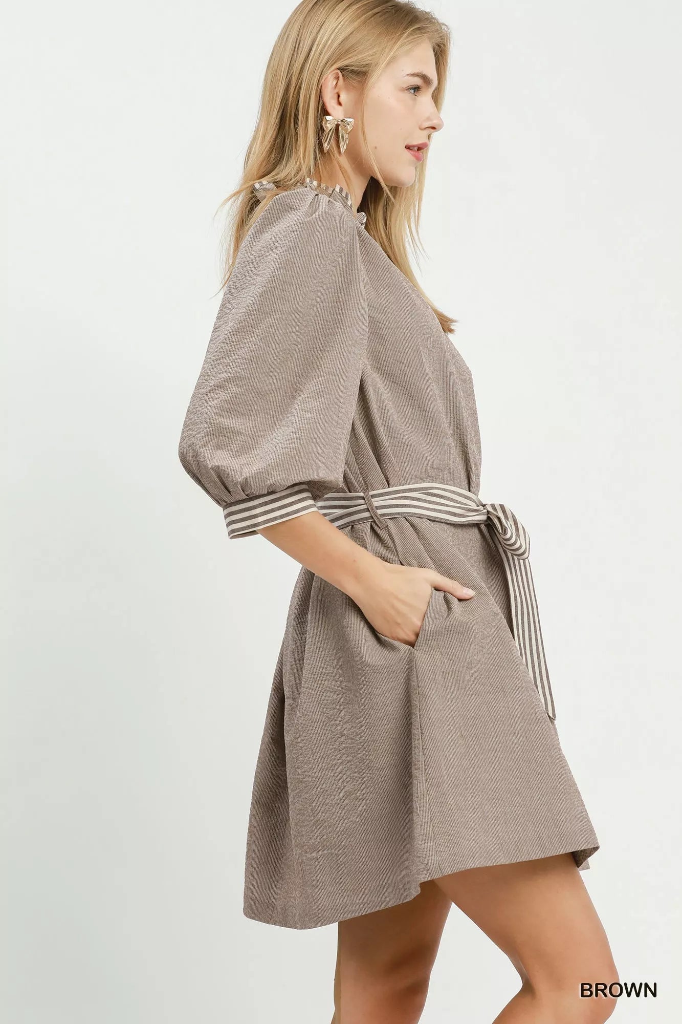 Umgee Textured Contrast Trim Tie Waist Mini Dress by Trendsi - Image 2