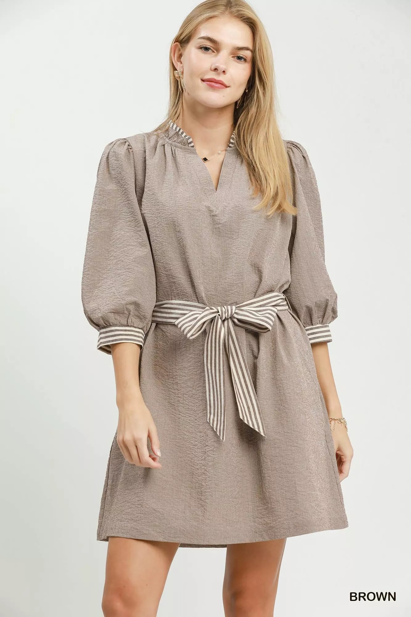 Umgee Textured Contrast Trim Tie Waist Mini Dress by Trendsi - Image 1