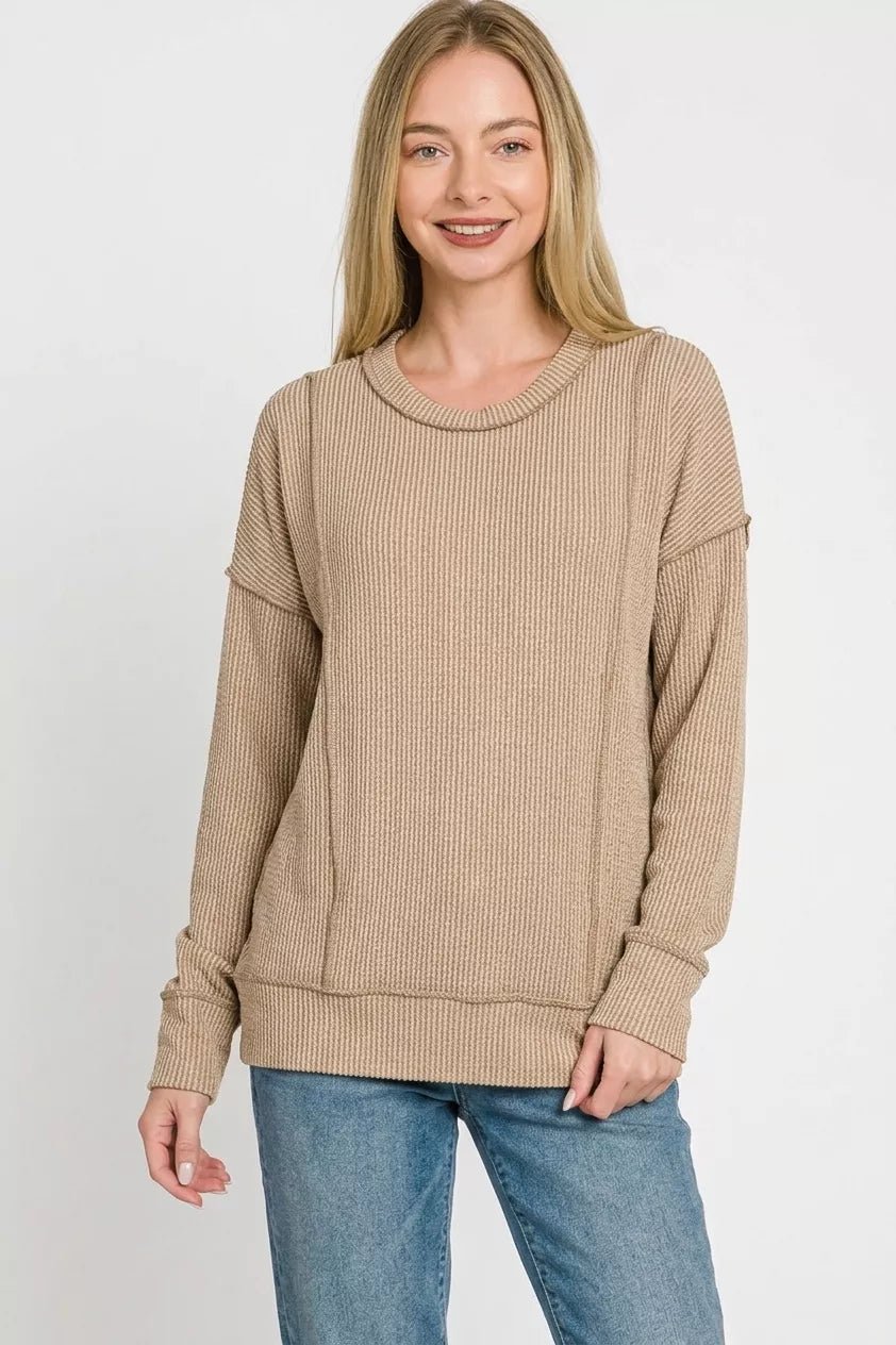 Zenana Corded Rib Long Sleeve Round Neck Top by Trendsi - Image 3