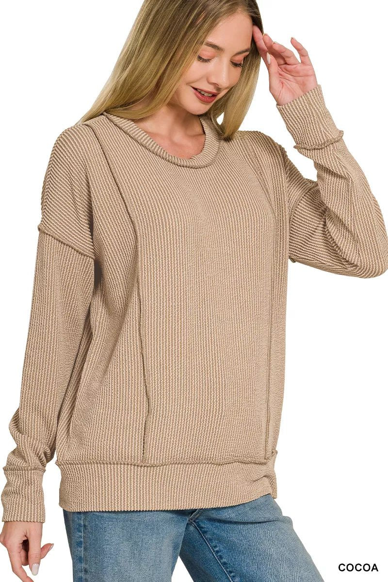 Zenana Corded Rib Long Sleeve Round Neck Top by Trendsi - Image 1